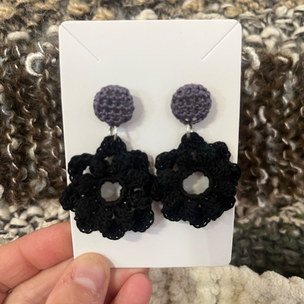 Elegant Black and Gray Handmade Crochet Earrings